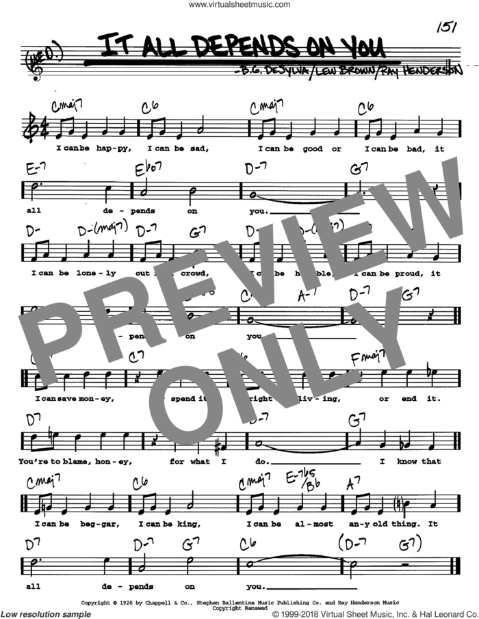 It All Depends On You sheet music for voice and other instruments  by Buddy DeSylva, Lew Brown and Ray Henderson, intermediate skill level