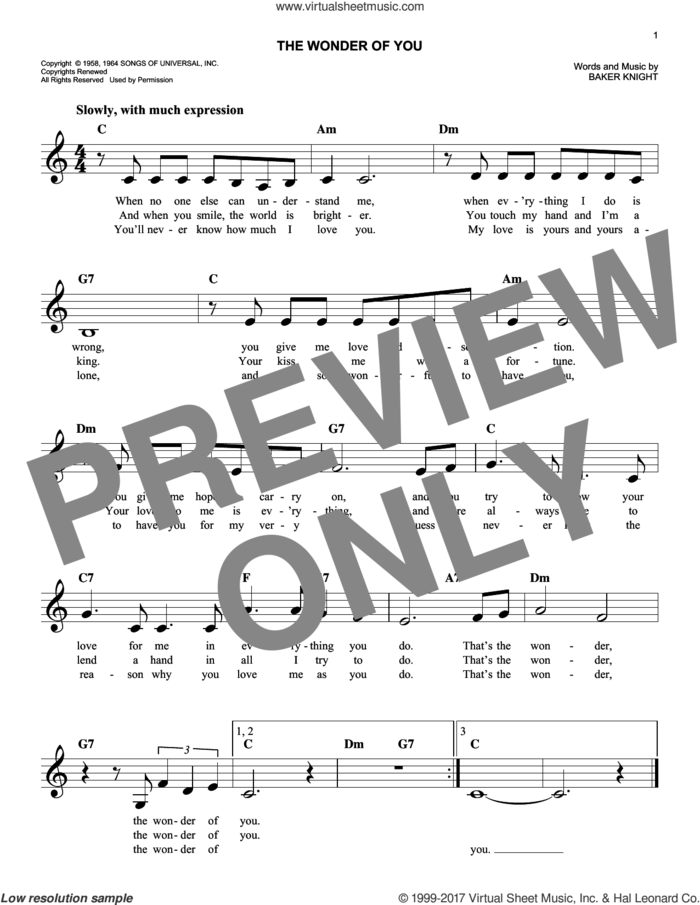 The Wonder Of You sheet music for voice and other instruments (fake book) by Elvis Presley and Baker Knight, easy skill level
