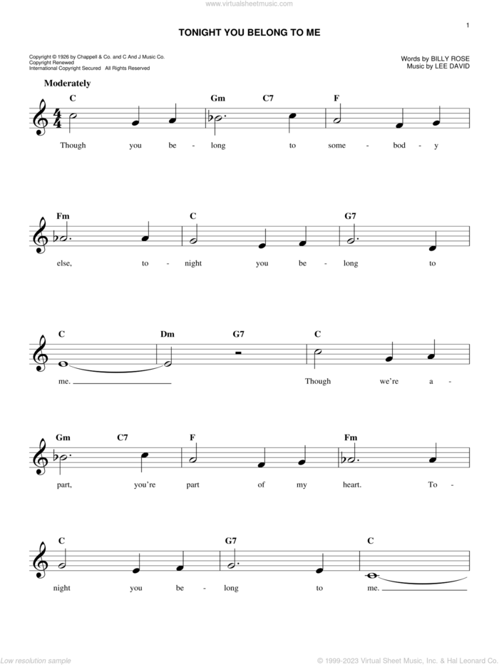 Tonight You Belong To Me sheet music for voice and other instruments (fake book) by Patience & Prudence, Billy Rose and Lee David, intermediate skill level
