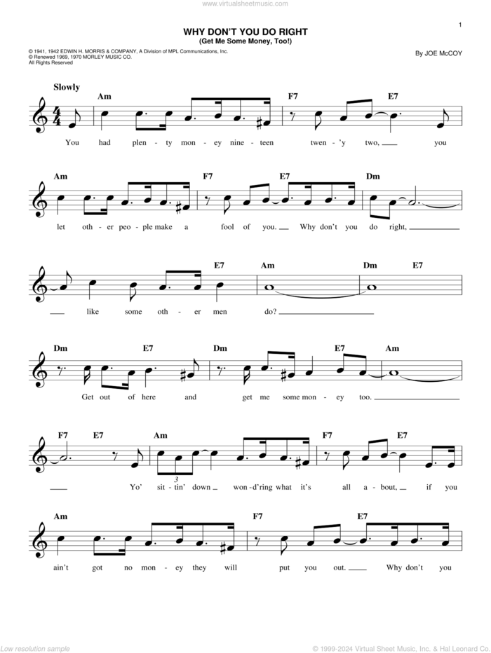 Why Don't You Do Right (Get Me Some Money, Too!) sheet music for voice and other instruments (fake book) by Peggy Lee and Joe McCoy, intermediate skill level