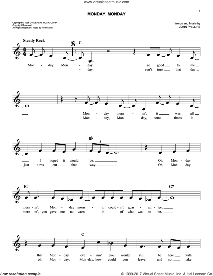 Monday, Monday sheet music for voice and other instruments (fake book) by The Mamas & The Papas and John Phillips, easy skill level