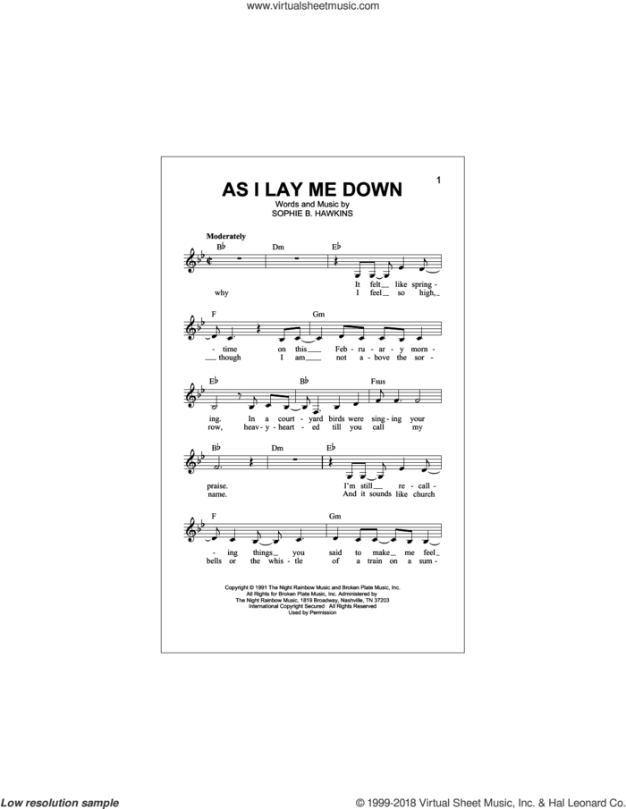 As I Lay Me Down sheet music for voice and other instruments (fake book) by Sophie B. Hawkins, intermediate skill level