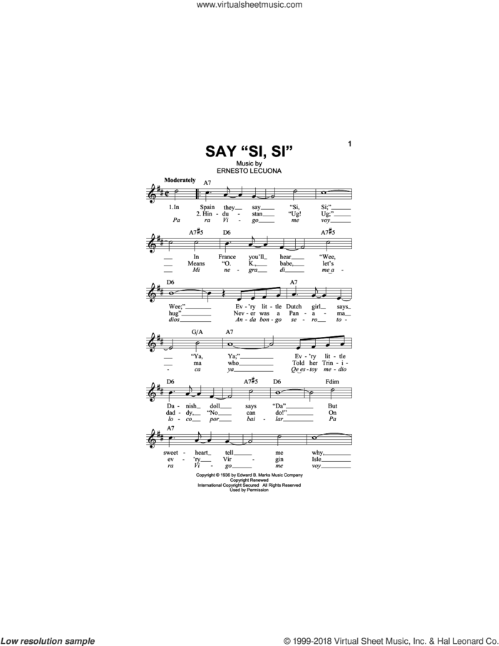 Say Si Si sheet music for voice and other instruments (fake book) by Ernesto Lecuona, intermediate skill level