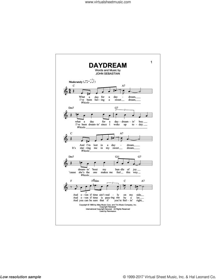 Daydream sheet music for voice and other instruments (fake book) by Lovin' Spoonful and John Sebastian, intermediate skill level