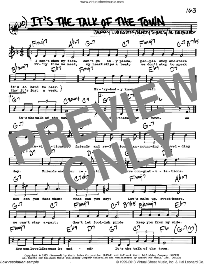 It's The Talk Of The Town sheet music for voice and other instruments  by Jerry Livingston, Al Neiburg and Marty Symes, intermediate skill level