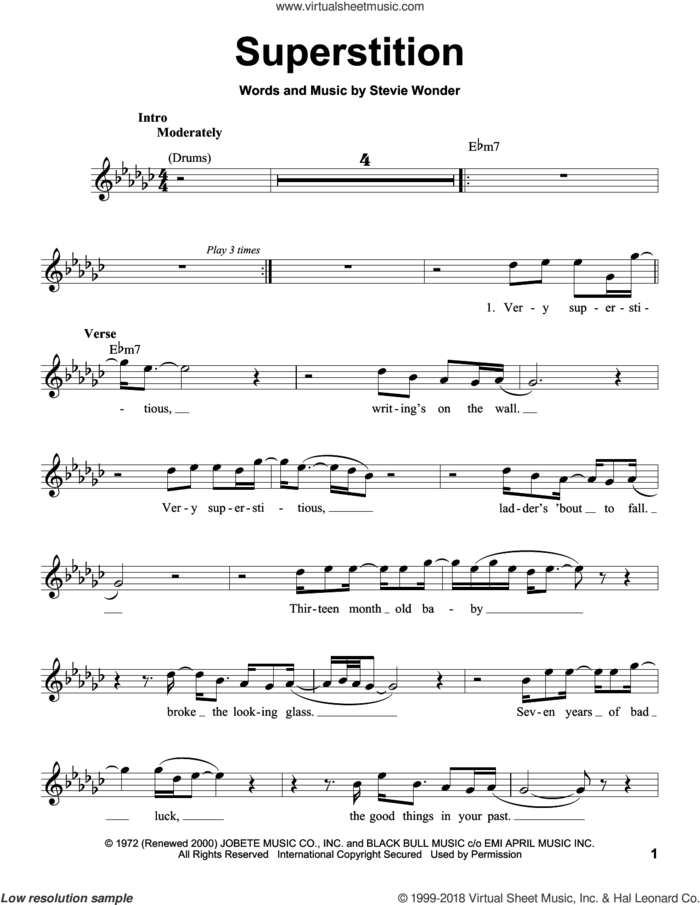 Superstition sheet music for voice solo by Stevie Wonder, intermediate skill level