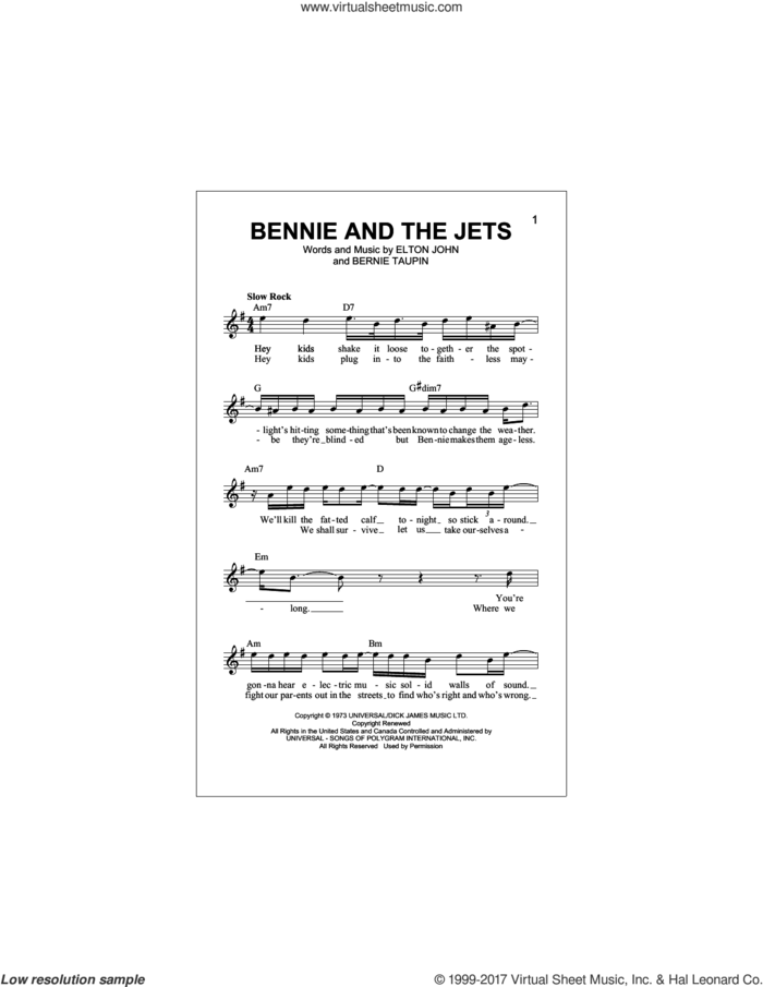 Bennie And The Jets sheet music for voice and other instruments (fake book) by Elton John and Bernie Taupin, intermediate skill level