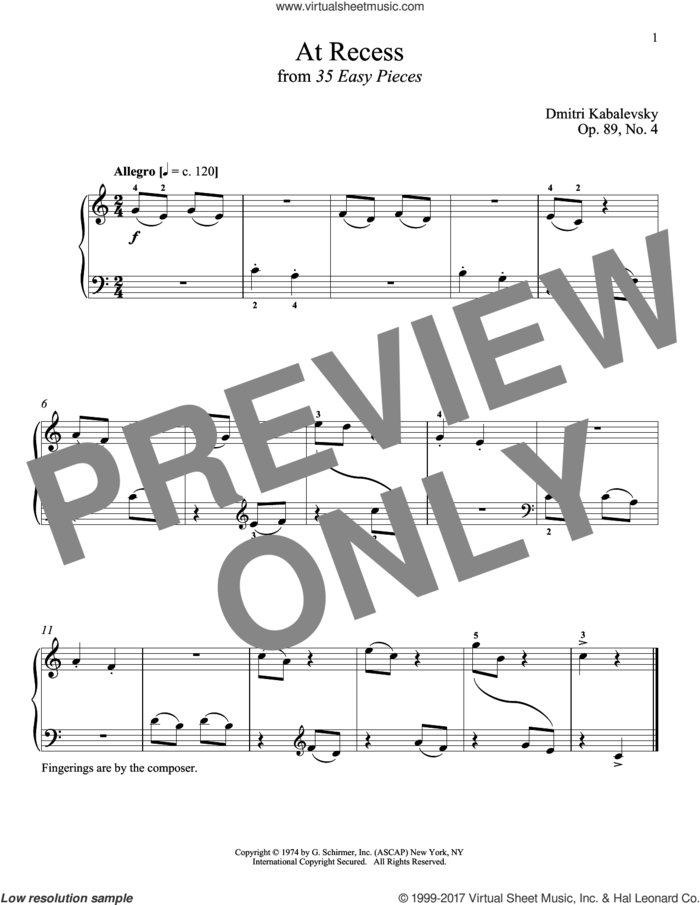 At Recess sheet music for piano solo by Dmitri Kabalevsky and Richard Walters, classical score, intermediate skill level