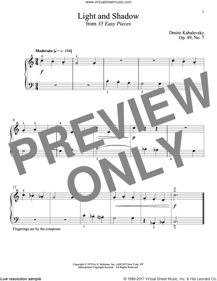Light And Shadow, Op. 89, No. 7 sheet music for piano solo by Dmitri Kabalevsky and Richard Walters, classical score, intermediate skill level
