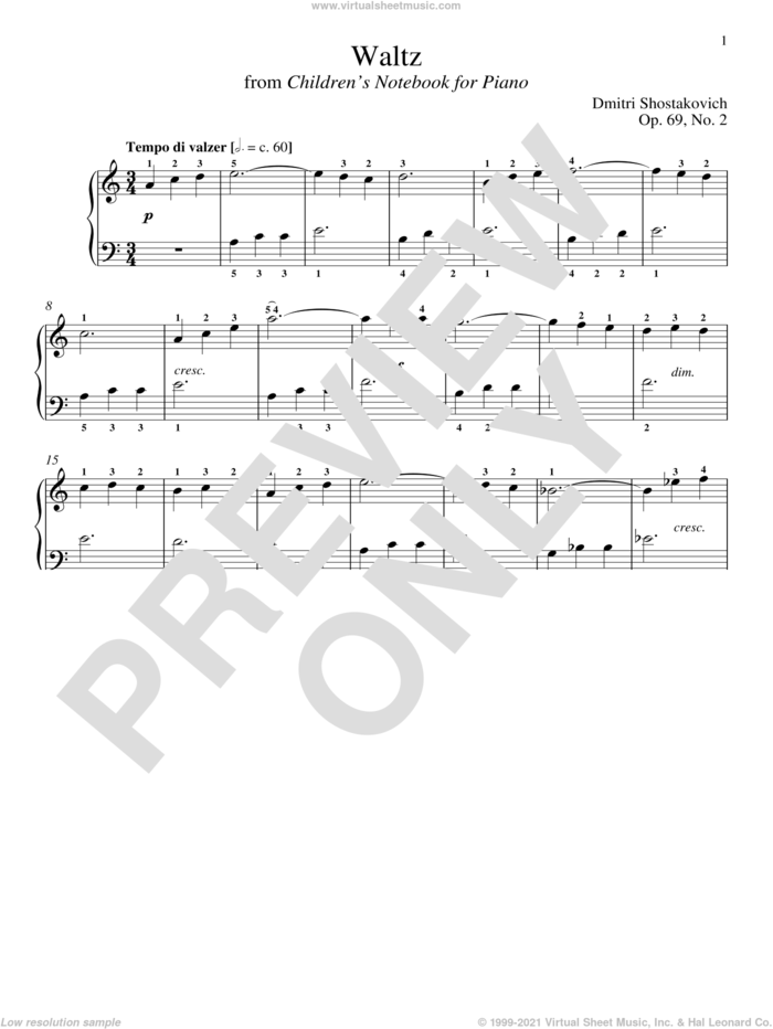 Waltz, Op. 69, No. 2 sheet music for piano solo by Dmitri Shostakovich and Richard Walters, classical score, intermediate skill level