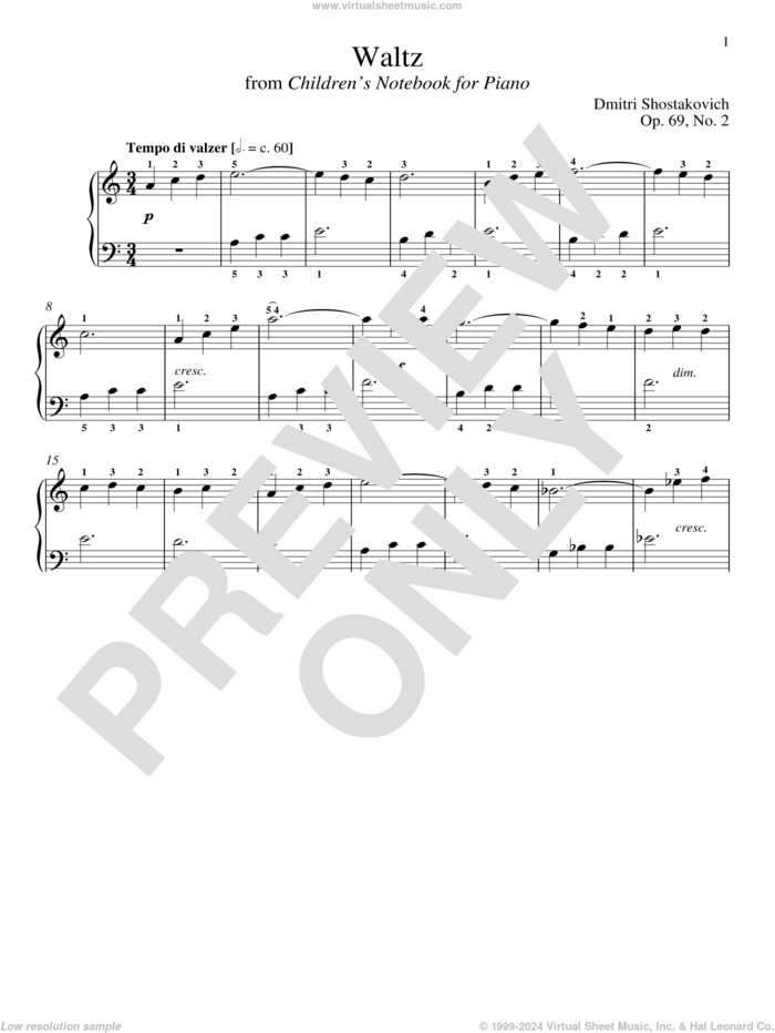 Waltz, Op. 69, No. 2 sheet music for piano solo by Dmitri Shostakovich and Richard Walters, classical score, intermediate skill level