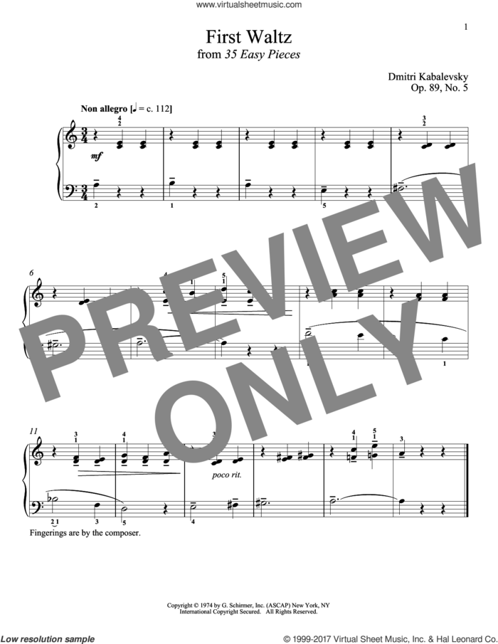 First Waltz sheet music for piano solo by Dmitri Kabalevsky and Richard Walters, classical score, intermediate skill level