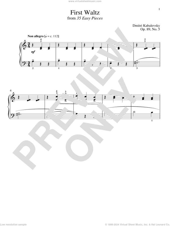 First Waltz sheet music for piano solo by Dmitri Kabalevsky and Richard Walters, classical score, intermediate skill level