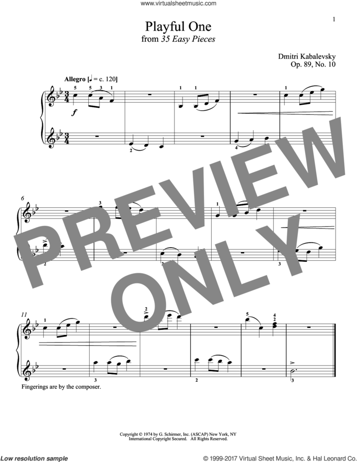 Playful One, Op. 89, No. 10 sheet music for piano solo by Dmitri Kabalevsky and Richard Walters, classical score, intermediate skill level