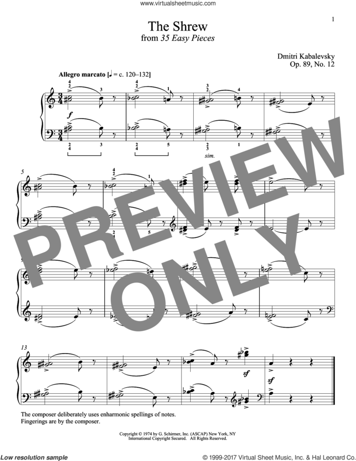 The Shrew, Op. 89, No. 12 sheet music for piano solo by Dmitri Kabalevsky and Richard Walters, classical score, intermediate skill level