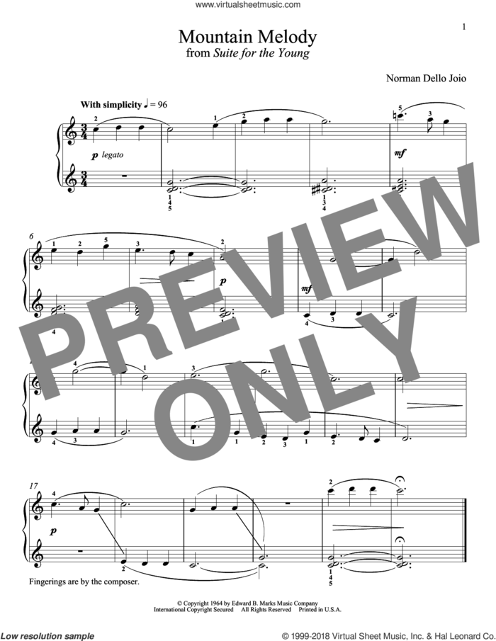 Mountain Melody sheet music for piano solo by Norman Dello Joio and Richard Walters, classical score, intermediate skill level