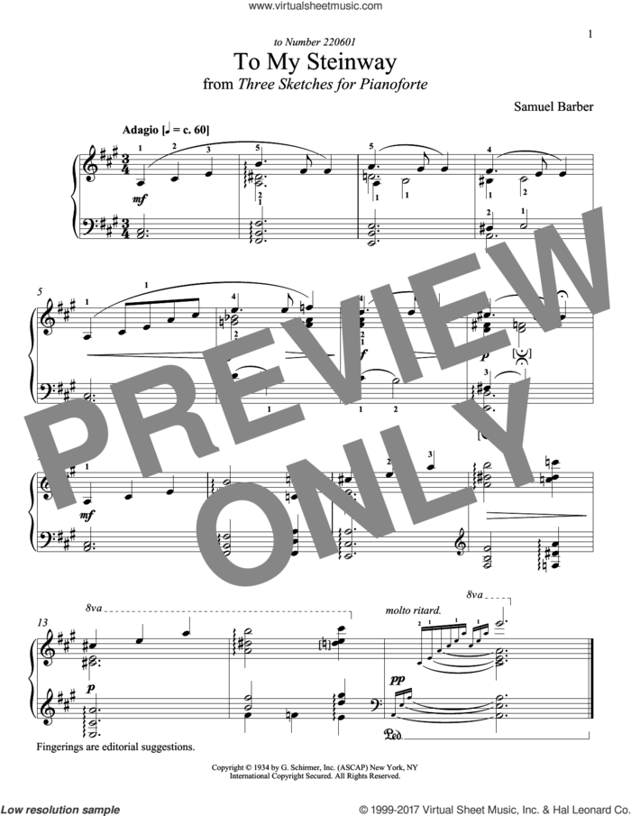 To My Steinway sheet music for piano solo by Samuel Barber and Richard Walters, classical score, intermediate skill level