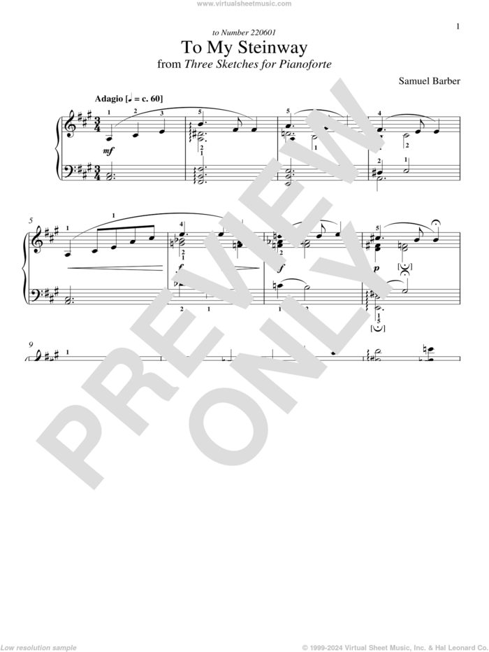 To My Steinway sheet music for piano solo by Samuel Barber and Richard Walters, classical score, intermediate skill level