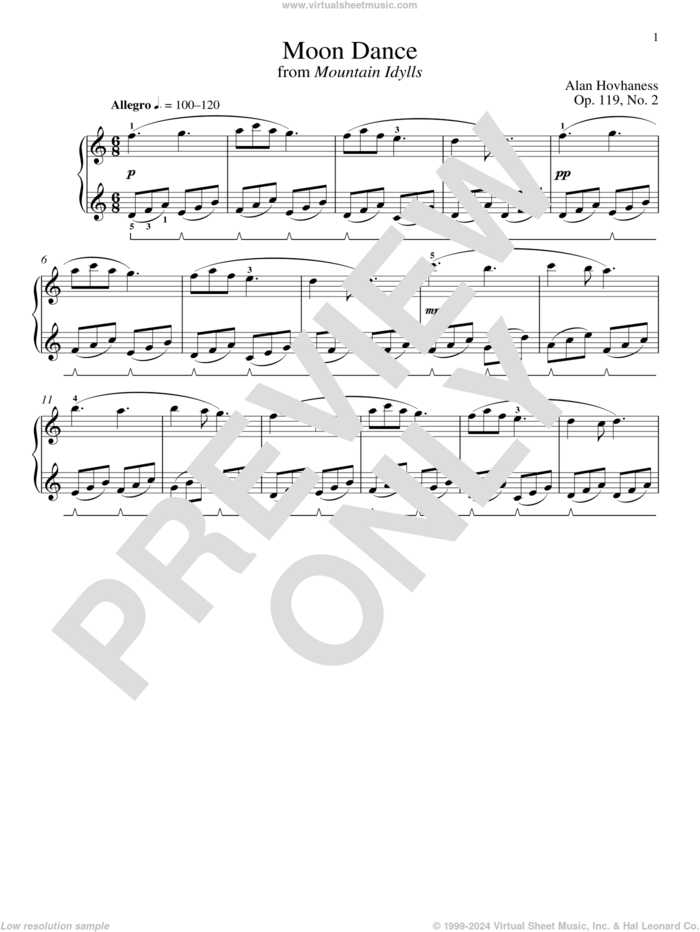 Moon Dance sheet music for piano solo by Alan Hovhaness and Richard Walters, classical score, intermediate skill level