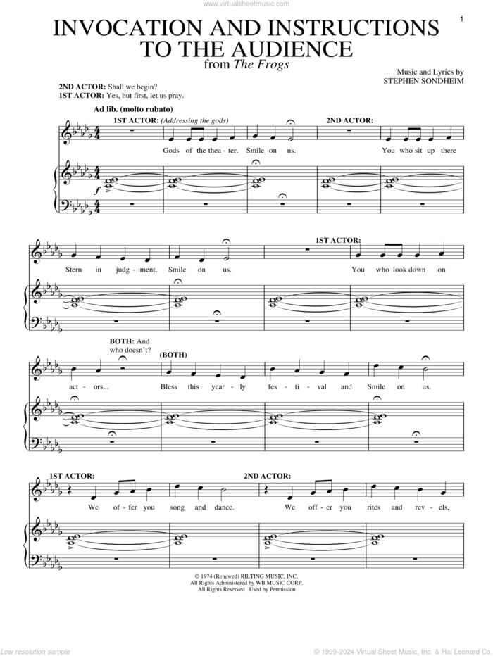 Invocation And Instructions To The Audience sheet music for voice and piano by Stephen Sondheim and Richard Walters, intermediate skill level