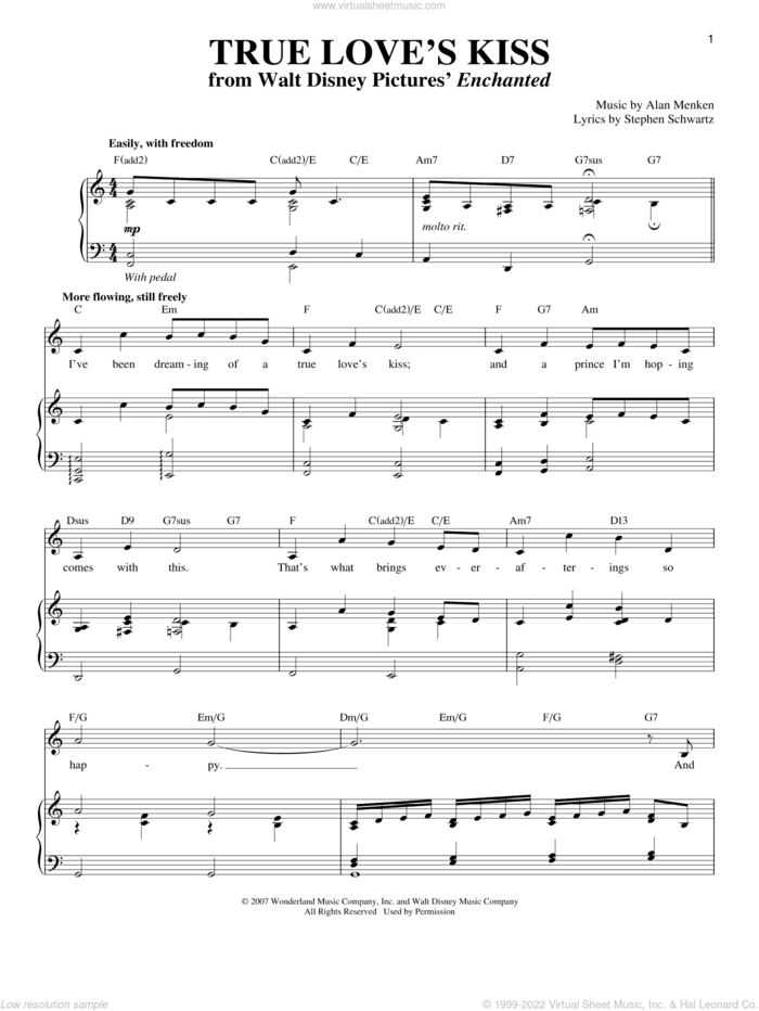 True Love's Kiss (from Enchanted) sheet music for voice and piano by Amy Adams, Alan Menken and Stephen Schwartz, intermediate skill level