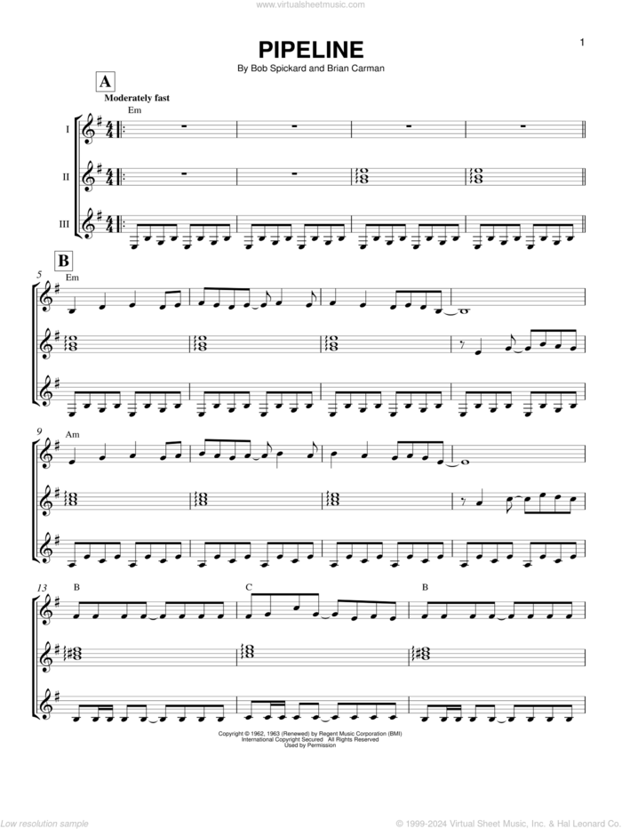 Pipeline sheet music for guitar ensemble by The Ventures, Bob Spickard and Brian Carman, intermediate skill level