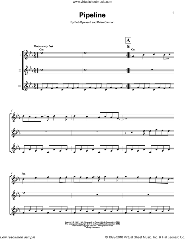 Pipeline sheet music for ukulele ensemble by The Ventures, The Chantays, Bob Spickard and Brian Carman, intermediate skill level