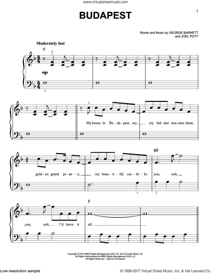 Budapest sheet music for piano solo by George Ezra, George Barnett and Joel Pott, easy skill level