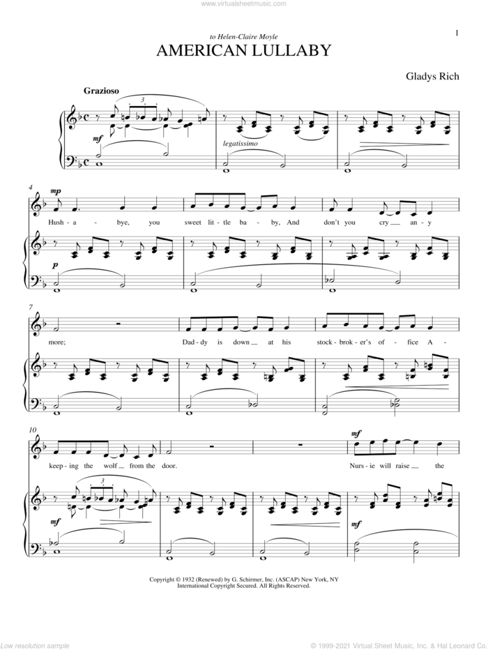 American Lullaby sheet music for voice and piano (Soprano) by Gladys Rich and Joan Frey Boytim, classical score, intermediate skill level