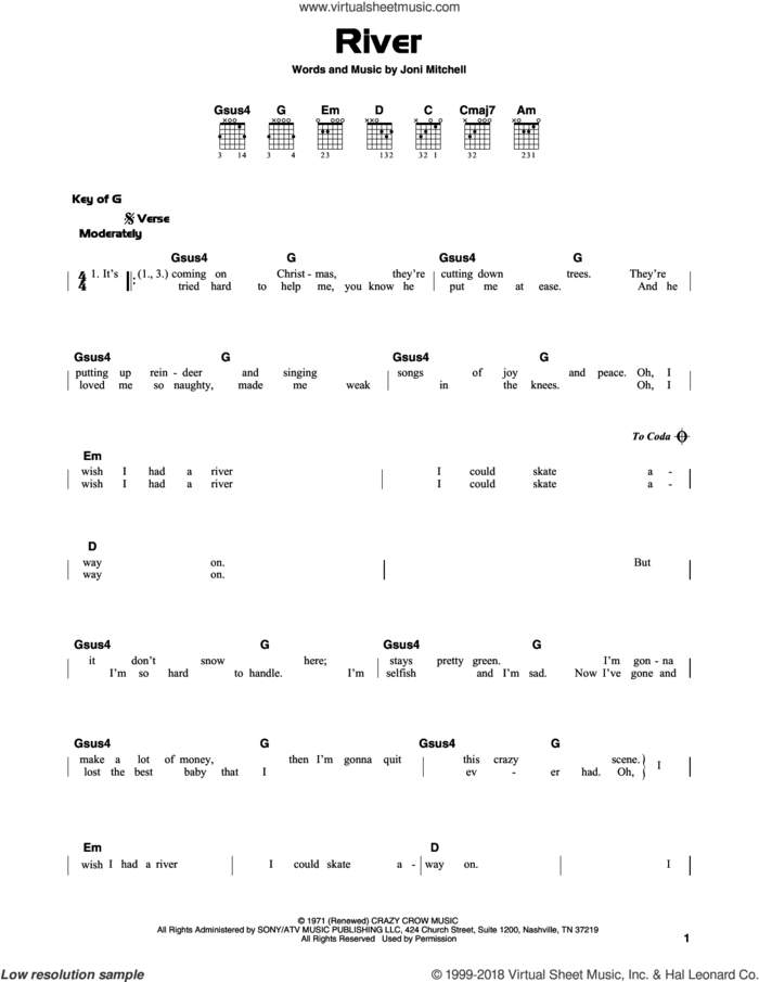 River sheet music for guitar solo (lead sheet) by Joni Mitchell and Linda Ronstadt, intermediate guitar (lead sheet)