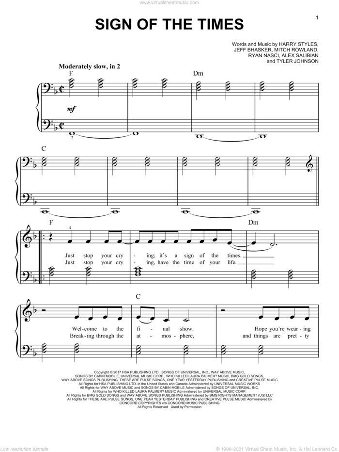 Sign Of The Times, (easy) sheet music for piano solo by Harry Styles, Alex Salibian, Jeff Bhasker, Mitch Rowland, Ryan Nasci and Tyler Johnson, easy skill level