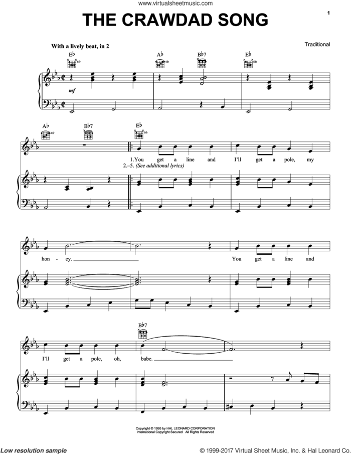 The Crawdad Song sheet music for voice, piano or guitar, intermediate skill level