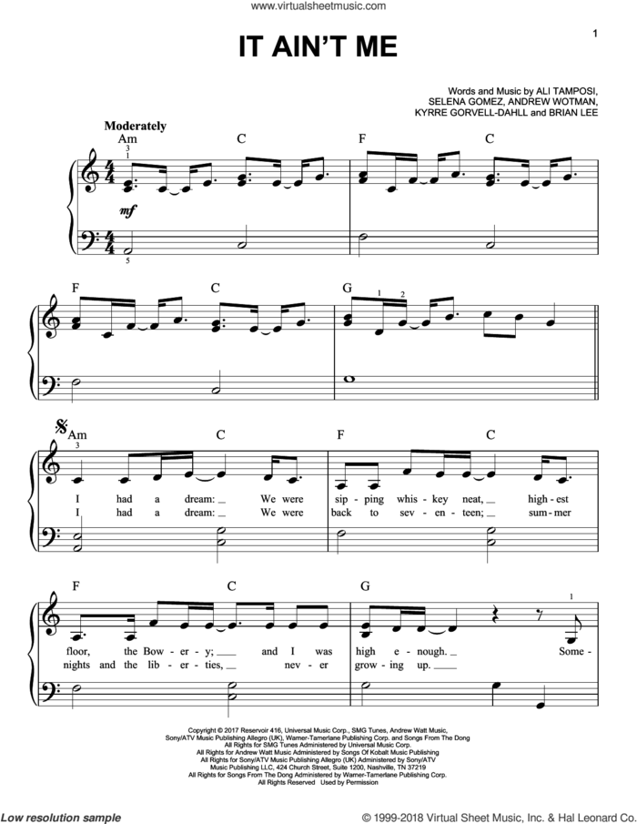 It Ain't Me sheet music for piano solo by Kygo and Selena Gomez, Ali Tamposi, Andrew Wotman, Brian Lee, Kyrre Gorvell-Dahll and Selena Gomez, easy skill level