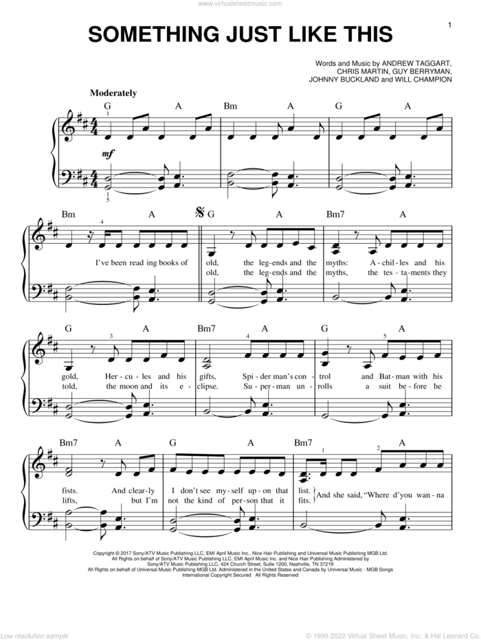 Something Just Like This, (easy) sheet music for piano solo by The Chainsmokers & Coldplay, Andrew Taggart, Chris Martin, Guy Berryman, Jonny Buckland and Will Champion, easy skill level