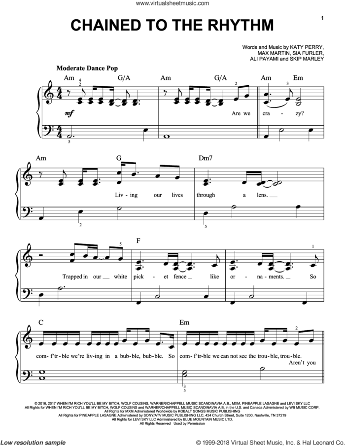 Chained To The Rhythm sheet music for piano solo by Katy Perry, Ali Payami, Max Martin, Sia Furler and Skip Marley, easy skill level