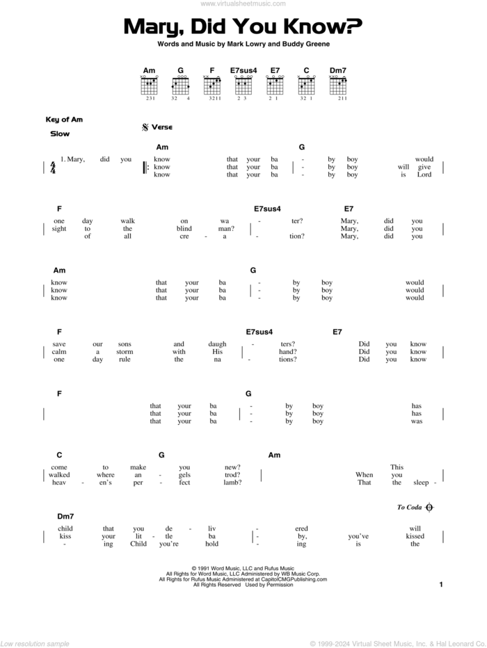 Mary, Did You Know? sheet music for guitar solo (lead sheet) by Buddy Greene, Kathy Mattea and Mark Lowry, intermediate guitar (lead sheet)