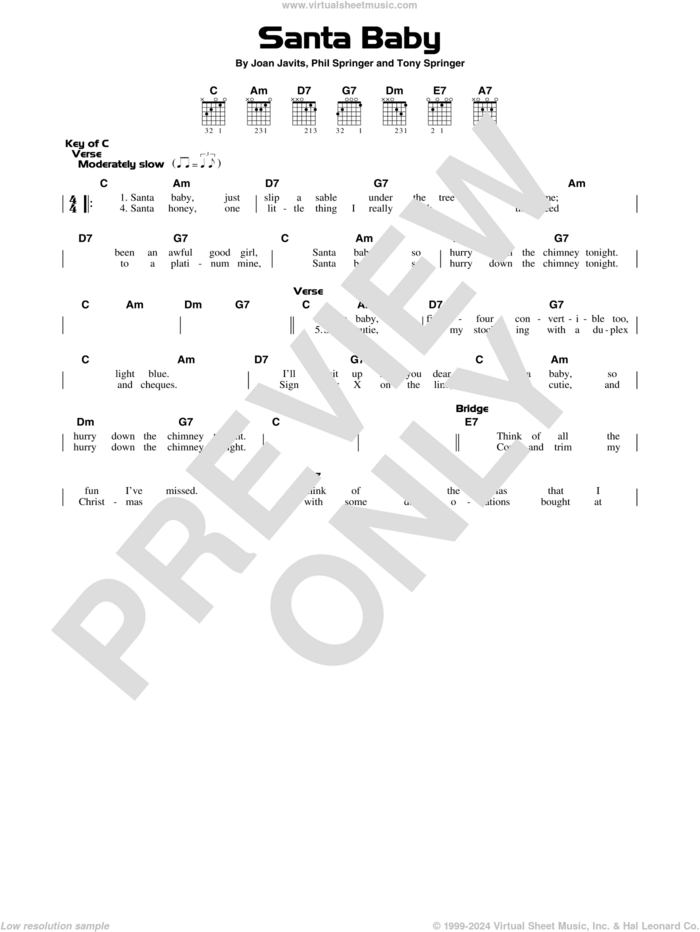 Santa Baby sheet music for guitar solo (lead sheet) by Joan Javits, Phil Springer and Tony Springer, intermediate guitar (lead sheet)