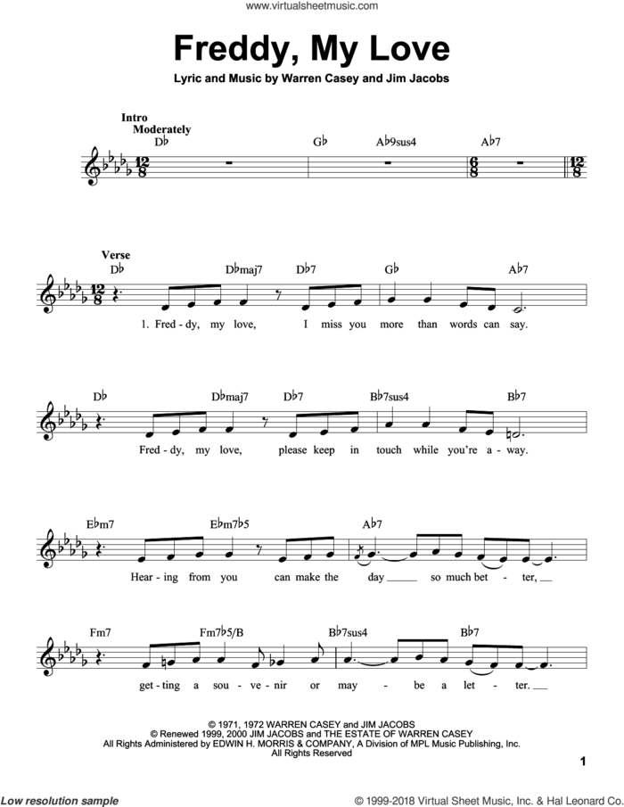 Freddy, My Love sheet music for voice solo by Jim Jacobs and Warren Casey, intermediate skill level