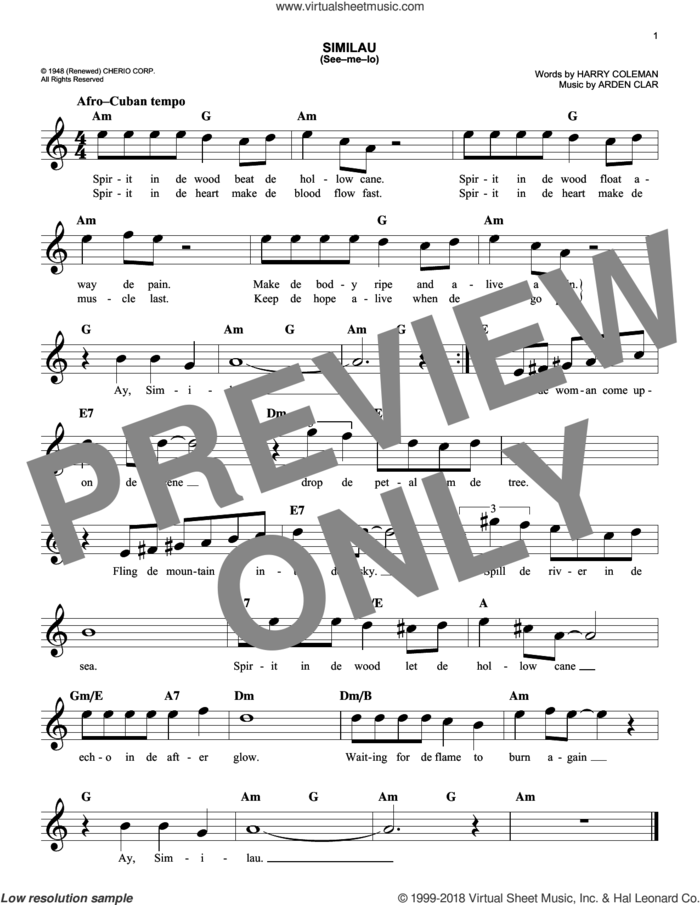 Similau (See-me-lo) sheet music for voice and other instruments (fake book) by Harry Coleman and Arden Clar, easy skill level