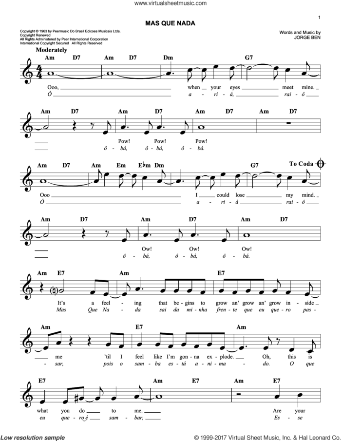 Mas Que Nada sheet music for voice and other instruments (fake book) by Sergio Mendes and Jorge Ben, easy skill level
