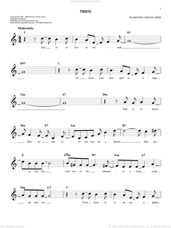 Triste sheet music for voice and other instruments (fake book) by Antonio Carlos Jobim, easy skill level