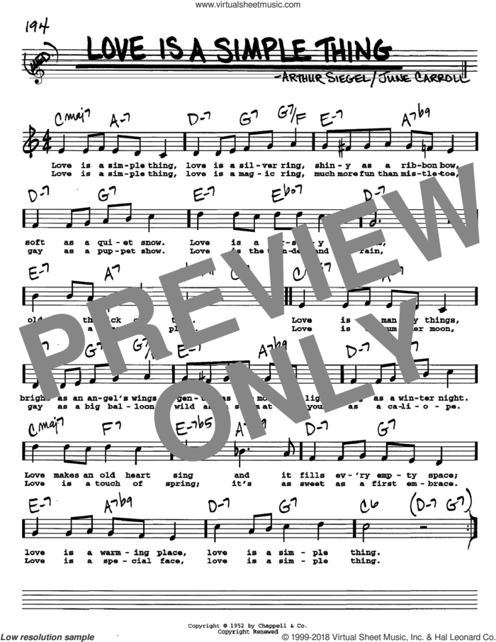 Love Is A Simple Thing sheet music for voice and other instruments  by June Carroll and Arthur Siegel, intermediate skill level