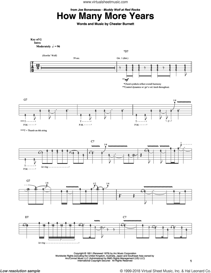How Many More Years sheet music for guitar (rhythm tablature) by Joe Bonamassa and Chester Burnett, intermediate skill level