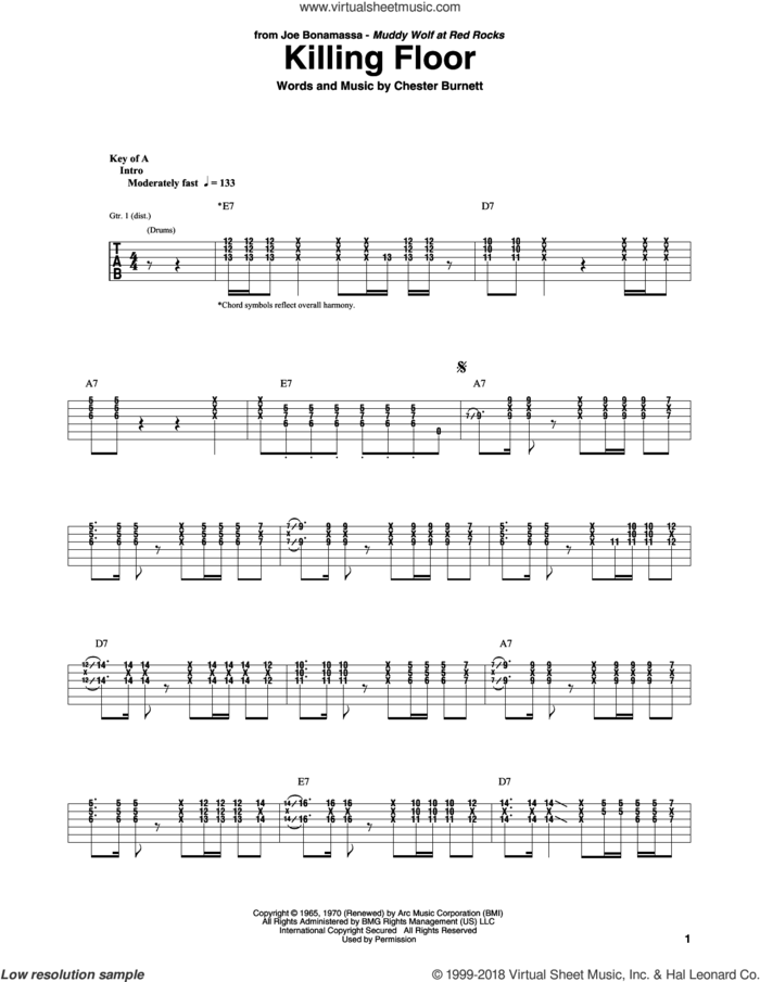 Killing Floor sheet music for guitar (rhythm tablature) by Joe Bonamassa, Albert King, Mike Bloomfield and Chester Burnett, intermediate skill level