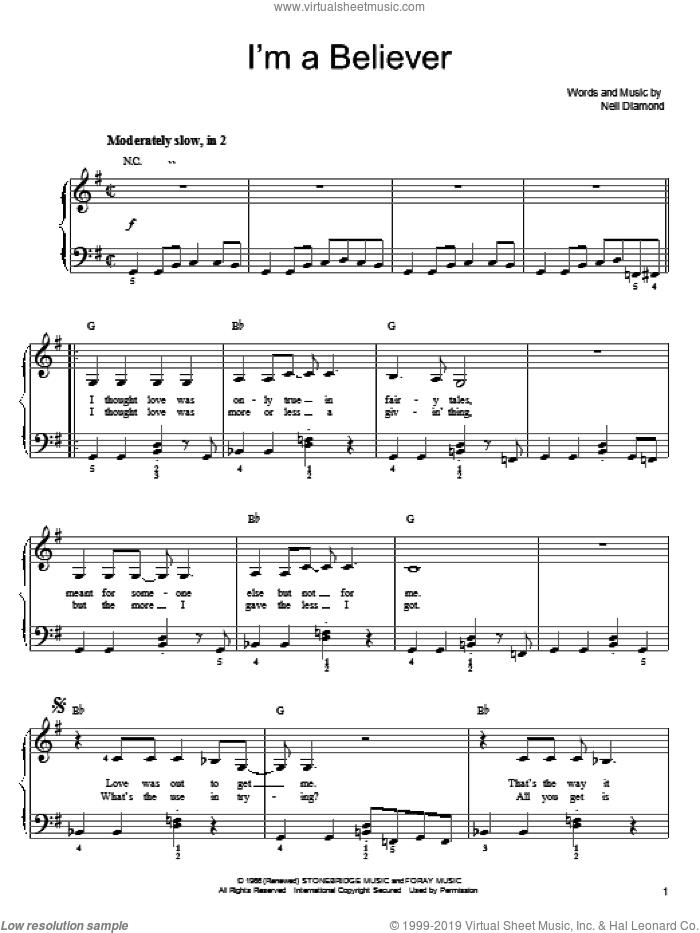 I'm A Believer sheet music for piano solo by Smash Mouth, Shrek (Movie), The Monkees and Neil Diamond, easy skill level