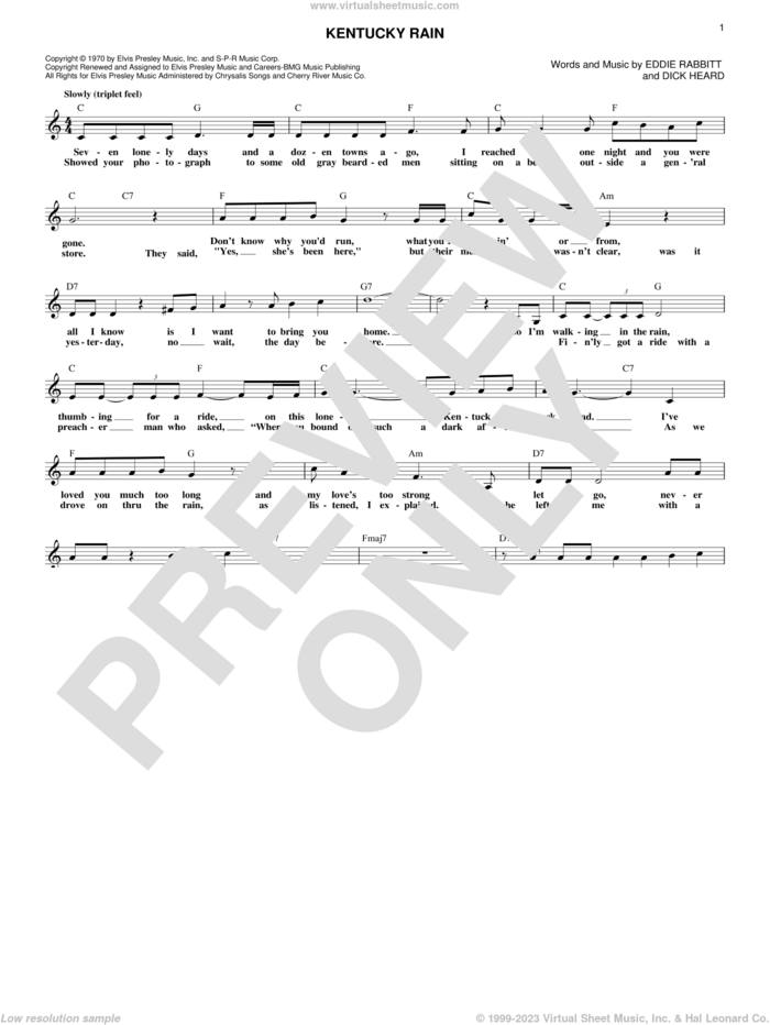Kentucky Rain sheet music for voice and other instruments (fake book) by Elvis Presley, Dick Heard and Eddie Rabbitt, intermediate skill level