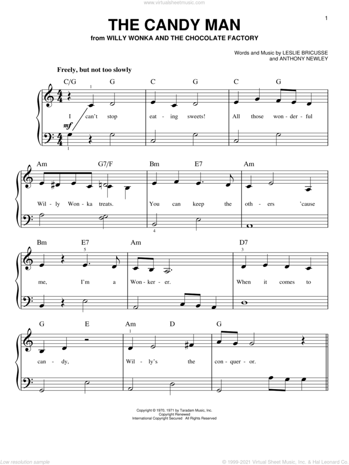 The Candy Man, (beginner) sheet music for piano solo by Leslie Bricusse, Sammy Davis, Jr. and Anthony Newley, beginner skill level