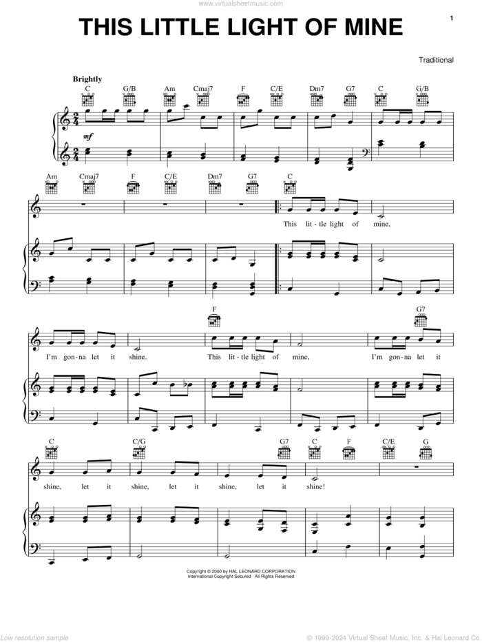 This Little Light Of Mine sheet music for voice, piano or guitar, intermediate skill level
