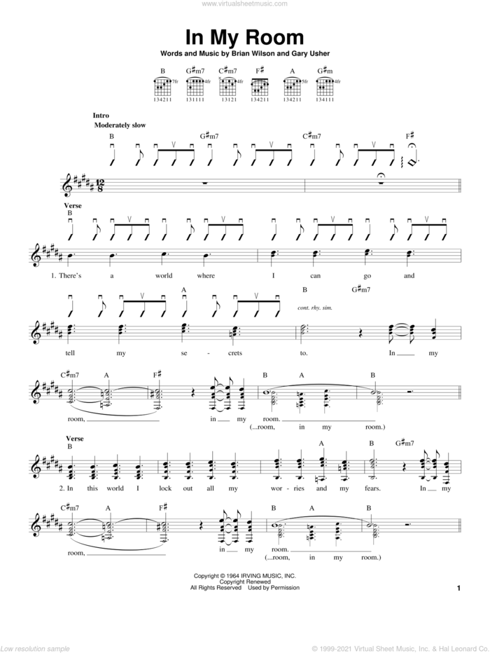 In My Room sheet music for guitar solo (chords) by The Beach Boys, Brian Wilson and Gary Usher, easy guitar (chords)