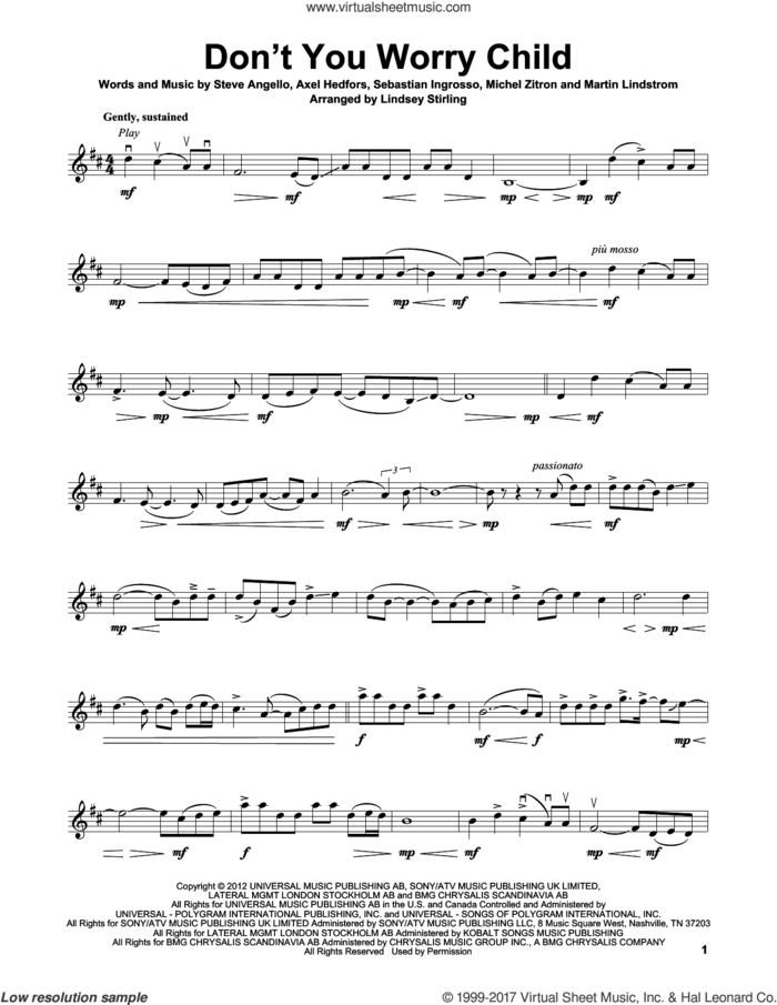 Don't You Worry Child sheet music for violin solo by Lindsey Stirling, Axel Hedfors, Martin Lindstrom, Michel Zitron, Sebastian Ingrosso and Steve Angello, intermediate skill level